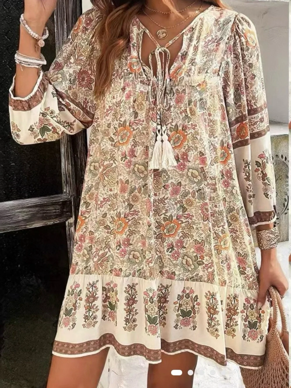 Women’s Boho Floral Mini Dress Apricot XXL Long Sleeve Tassel Tie Ruffle - Picture 1 of 7